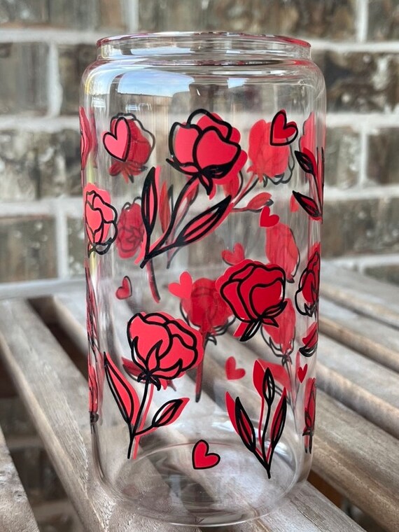 HEARTS & ROSES Custom 16oz. Libbey Beer Can glass cup with Bamboo lid/Glass straw
