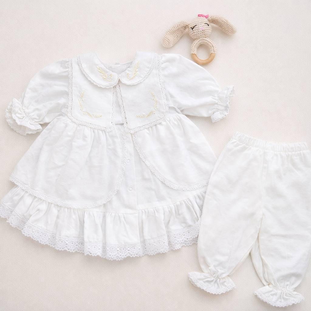 White Baby Girl Christening Dress Set with Pants, Lace Baptism Outfit, Blessing Day Outfit, First Communion Baby Dress