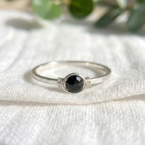 Black Tourmaline Dainty EMF Protection Stacking Ring, Sterling Silver, Minimalist Black Crystal Jewelry