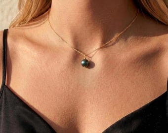 Black Pearl Charm Dainty Choker Necklace Gold Filled