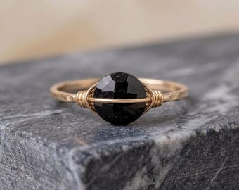 Black Tourmaline Ring Dainty Band EMF Protector Gold Filled