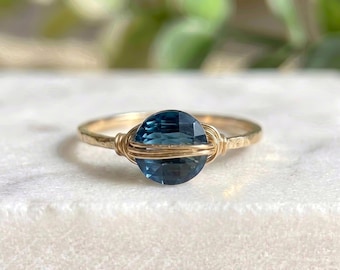 London Blue Topaz Wire Wrapped Solitaire Gold Filled Statement Ring