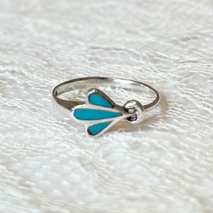 Vintage Turquoise and Sterling Silver Inlay Ring; Vintage 925 Ring; Blue Gemstone Inlay Ring; Dainty Turquoise and Silver Ring