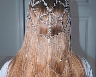 The Oracle’s Headdress | Stainless Steel Chainmaille Headpiece | Faux Pearl Medieval Fantasy Headdress | Handmade Crown Jewelry