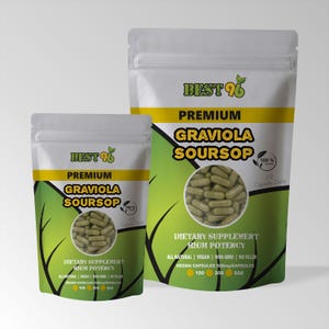 Op de afbeelding: Twee witte en groene zakjes met "Best 96 Premium Graviola Soursop" voedingssupplement. De zakjes tonen capsules en de tekst "All Natural, Vegan, Non-GMO, No Filler". De zakjes zijn verkrijgbaar in 100, 300 en 500 capsulematen.