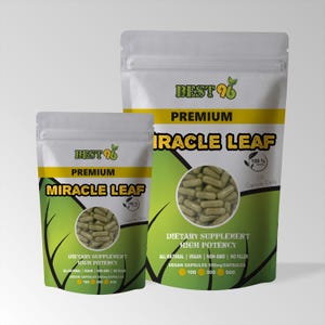以下が含まれることがあります： 「Miracle Leaf」の栄養補助食品カプセルが入った白と緑の2つのポーチ。ポーチには「Best 96 Premium Miracle Leaf」と「Dietary Supplement High Potency」の文字が書かれています。カプセルは透明な円の中にあります。