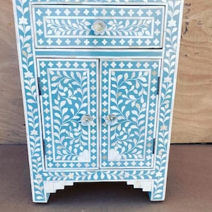Handmade Bone Inlay Blue Floral Bedside Table