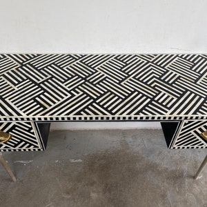 Handmade Bone Inlay Modern lines Pattern Console Table with Drawers, Bone Inlay Furniture