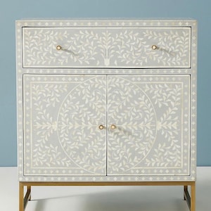 2 Door 1 Drawer Bone Inlay Scroll Vine Design Cabinet, Media Unit Gray, Bone Inlay Storage Unit...