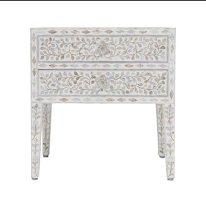Floral pattern Mother Of Pearl inlay bedside table white color,luxury look handmade furniture ,bone in