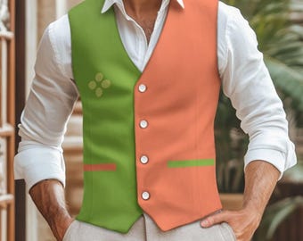 Flowery Cosplay Vest Green & Orange Split Color Waistcoat Made to Order Character Costume Vest Fan Inspired Outfit with Printed Faux Pockets