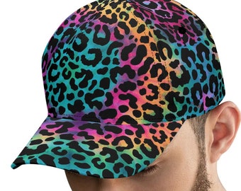 Boné de beisebol unissex com estampa de leopardo arco-íris, boné de beisebol com estampa de animal, presente hippie feminino, chapéus arco-íris para ela, boné de beisebol com estampa de animal, boné tie-dye
