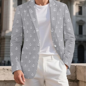 Jaws Mayor Jacket Grey & White Anchor Blazer Nautical Costume Coat Navel Ship Captain Cosplay Men Women Novelty Gift Boat Ocean Lover Sailor