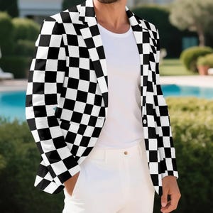 Checkered Racing Flag Blazer Black & White Suit Jacket for Men or Women Novelty Gift Check Pattern Sport Coat Him and Her Geometric Ska Mod
