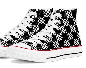 Checkered Flag Canvas Shoes Womens Mens High Tops Low Top Sneakers Kids Black & White Youth HighTops Retro Converse-style Skater Gift Racing