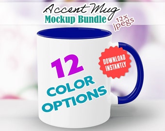 Accent Mugs Mockup Bundle 12 Two Toned Coffee Cup Handle and Rim Mockup Floral Bokeh Background 2-Tone Mug Digital Download Commercial Use