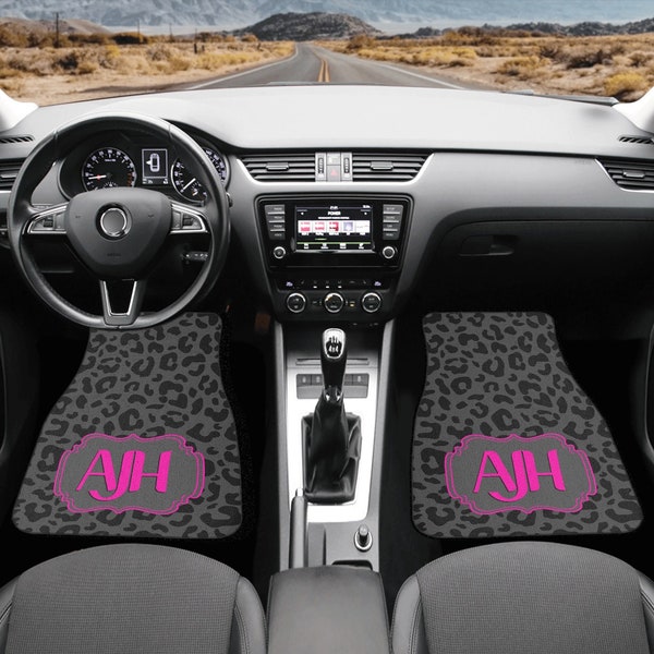 Monogram Leopard Floor Mats Custom Car Accessories Cute Seat Covers for Vehicle Dark Gray Black Cheetah Print Sunshade Personalized Initials