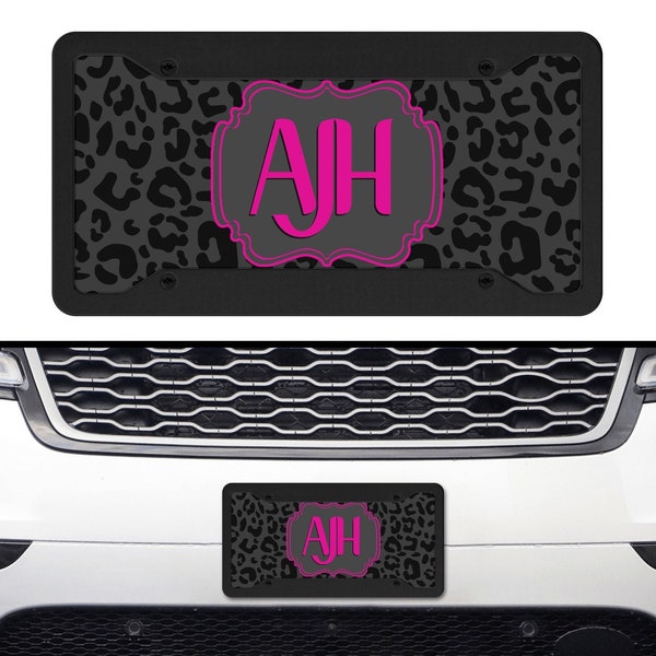 Monogram Leopard License Plate Custom Car Accessories Seat Covers for Vehicles Dark Gray Black Cheetah Print Sunshade Personalized Initials