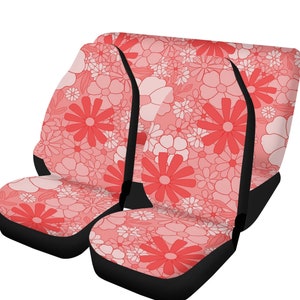 Funky Red Car Seat Covers for Vehicle Boho Floral Pink Car Seat Cover Truck Retro Seat Protector Fits Most Bucket Seats SUV Summer Flowers