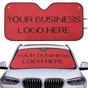 May include: Red car sunshade with black text that says "YOUR BUSINESS LOGO HERE".
