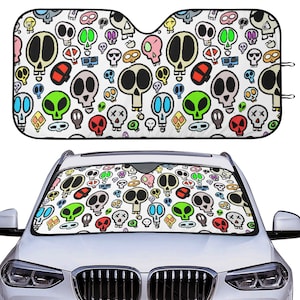 Cartoon Skull Sunshade for Vehicles Colorful Space Alien Car Sun Shade Van Truck SUV Windshield Reflector UV Protector New Owner Driver Gift