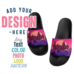 May include: A pair of black slide sandals with a pink, purple, and orange sunset design. The sandals have the name "Angelica" printed on them.