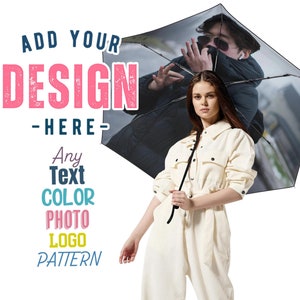 May include: A black umbrella with a person's reflection in it. The umbrella is held by a person wearing a white jumpsuit. The text "ADD YOUR DESIGN -HERE- Any Text COLOR PHOTO LOGO PATTERN" is on the left side of the image.