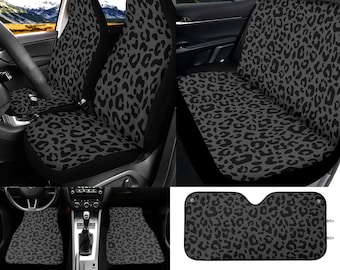 Black Leopard Car Seat Covers Dark Grey Cheetah Chic Aesthetic Auto Sun Shade for Vehicles Cute Animal Print Steering Wheel Cover for Women