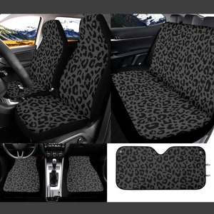 Coprisedili per auto leopardo nero Ghepardo grigio scuro Estetico chic Parasole per veicoli Coprivolante con stampa animale carina per le donne