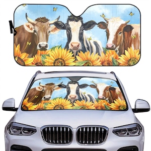 Cow Car Sunshade Sunflower Auto Sun Shade Cute Farm Themed Sun Shade for Vehicles Cute Car Accessories for Her Summer Floral Animal Theme