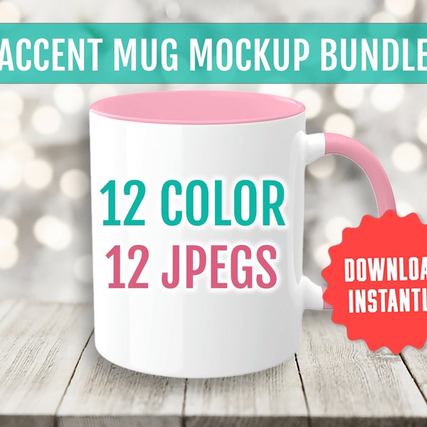 Accent Color Mug Mockup Bundle, 12 JPEG Mug Handle and Rim Mockup Files, Generic 2-Tone Coffee Cup, Instant Digital Download Commercial Use