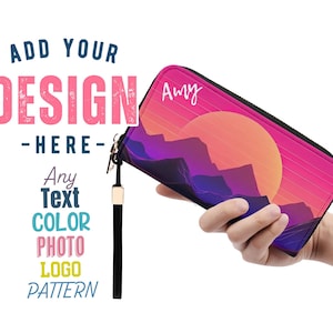 Cartera personalizada para mujer, pulsera de cuero vegano con cremallera, carteras personalizadas para ella, cualquier color, foto, texto, logotipo, patrón, piel sintética