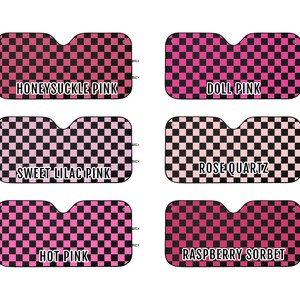 May include: Six car sunshades with a pink and black chequered design. Each shade is labelled with a different pink colour name: Honeysuckle Pink, Doll Pink, Sweet Lilac Pink, Rose Quartz, Hot Pink, and Raspberry Sorbet.