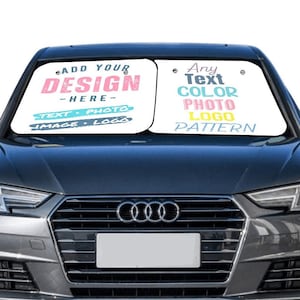 May include: A white car sunshade with a colorful design. The sunshade has the text "Add Your Design Here" and "Any Text Color Photo Logo Pattern" on it.