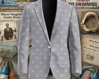 Jaws Mayor Vaughn Jacket Grey Nautical Pattern Anchor Blazer, Novelty Suit Jacket, Unisex Cosplay Costume, Ship Captain Sailor Coat