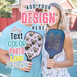 May include: Two people are holding personalized paddleball rackets. One racket has a purple background with a pattern of pugs. The other racket has a blue background with a white and gray pattern. The text on the image reads "Add Your Design - Here - Any Text Color Photo Logo Pattern".