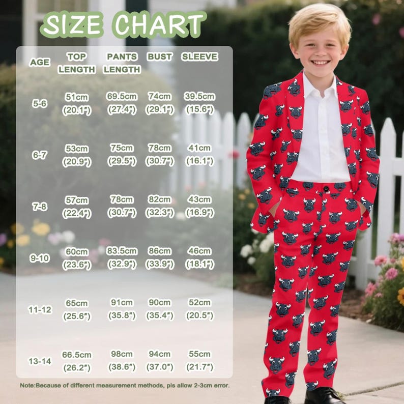May include: A red suit for boys with a bull pattern, paired with a white shirt. The suit includes a blazer and pants. A size chart is displayed, with measurements in inches and centimeters for top length, pants length, bust, and sleeve.