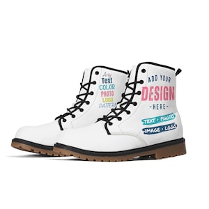 May include: White leather boots with black laces and a brown sole. The boots have a customizable design area with the text "Add Your Design - Here - Text - Photo - Image - Logo".
