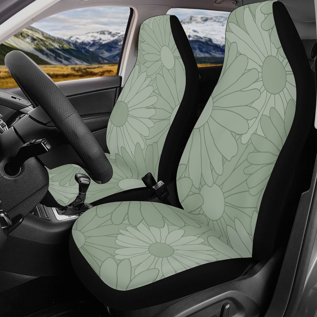 Boho Sage Green Seat Covers for Vehicles Funky Retro Floral Car