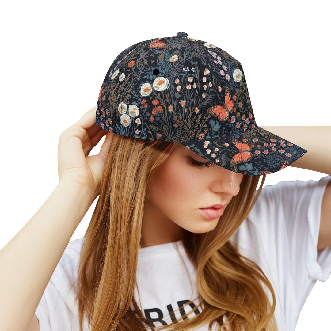 Women's Embroidered Baseball Cap With Butterfly & Flowers – Adjustable Trucker Hat, Red, One Size - View #13