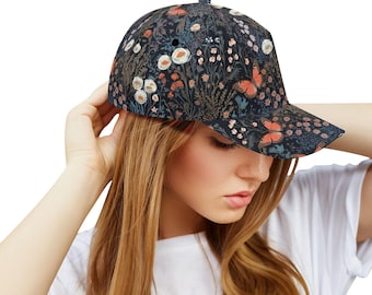 Gorra de béisbol con diseño floral de Cottagecore para mujer, linda gorra de béisbol con diseño de mariposa monarca para ella, gorra snapback con estampado de bosque bohemio y jardín caprichoso