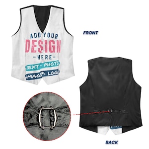 K&ouml;nnte beinhalten: Eine wei&szlig;e Weste mit schwarzem Besatz und R&uuml;cken. Auf der Vorderseite der Weste steht der Text "ADD YOUR DESIGN - HERE - TEXT PHOTO IMAGE LOGO" in Rosa, Blau und Wei&szlig;. Die R&uuml;ckseite hat eine verstellbare Schnalle.