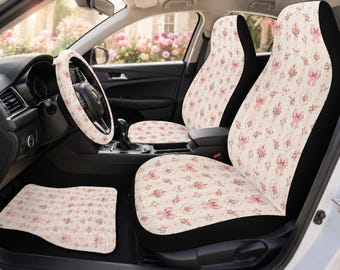 Pink Coquette Car Accessories, Bow Seat Covers for Vehicles, Floral Girly Auto Decor, Matching Interior Set for Women