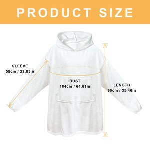 May include: White hooded sweatshirt with a pocket, showing measurements for sleeve length, bust, and length in inches and centimeters.