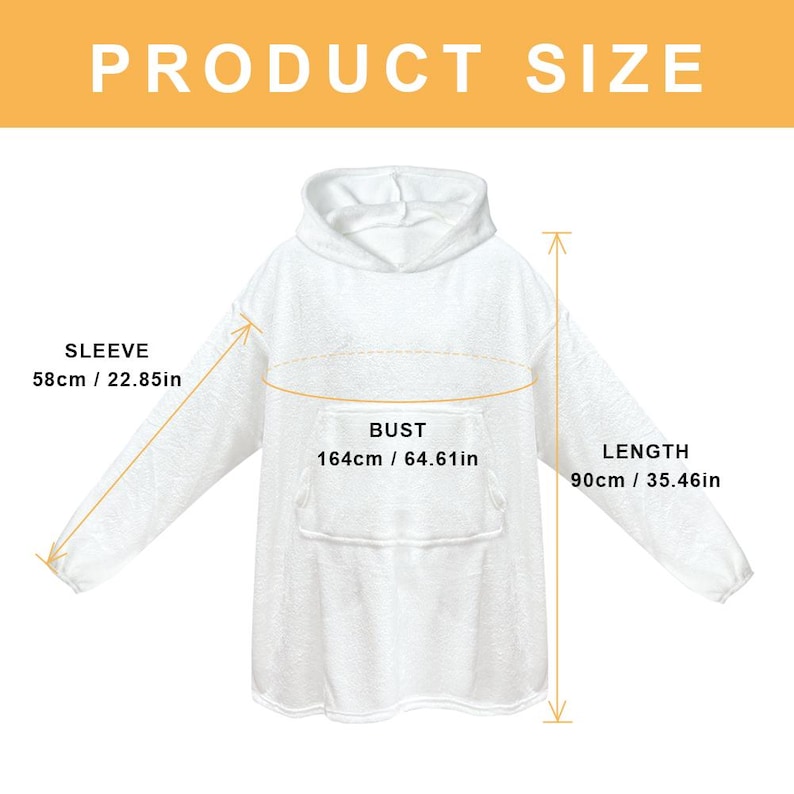 May include: White hooded sweatshirt with a pocket, showing measurements for sleeve length, bust, and length in inches and centimeters.