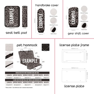 May include: A set of car accessories featuring a leopard print design. The set includes a seat belt pad, a handbrake cover, a gear shift cover, a pet hammock, and a license plate frame. The image includes measurements in inches and centimeters.