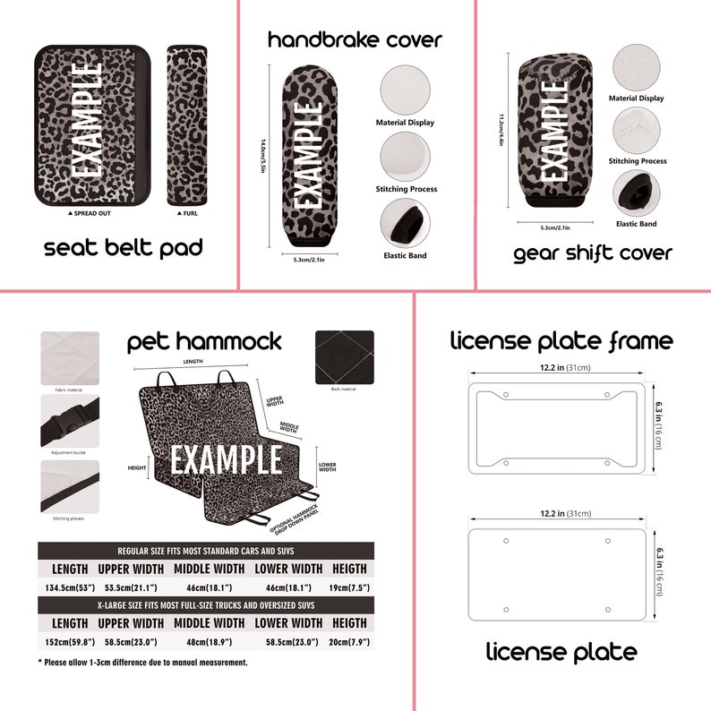 May include: A set of car accessories featuring a leopard print design. The set includes a seat belt pad, a handbrake cover, a gear shift cover, a pet hammock, and a license plate frame. The image includes measurements in inches and centimeters.