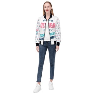 May include: White bomber jacket with a colorful pattern that says "Add Your Design - Here - Text - Photo - Image - Logo".