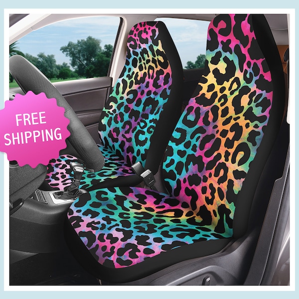 Rainbow Leopard Car Seat Cover Set Tie Dye Cute Animal Print Universal Driver & Passenger Side Seat Protector Fits Most Vehicle Bucket Seats