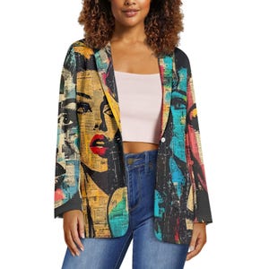 Female Pop Art Blazer Newsprint Jacket Newspaper Painting for Men or Women Vintage Aesthetic Graphic Novel Artsy Novelty Sport Coat Colorful